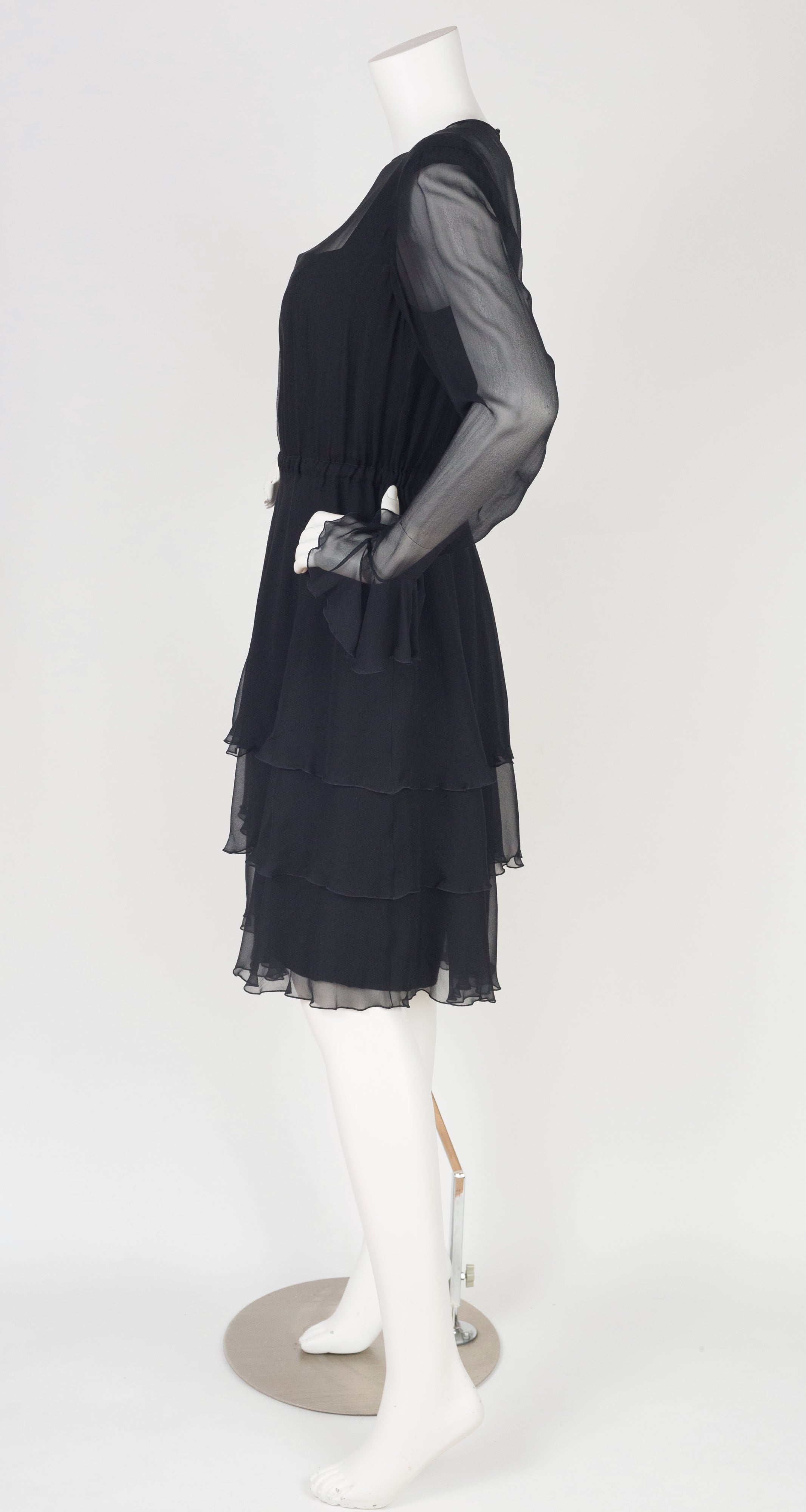 1990s Black Silk Chiffon Ruffle Evening Dress