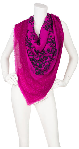 1970s 52" x 50" Baroque Magenta Wool Shawl