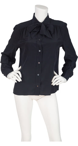 1970s Logo Black Silk Collared Tie-Neck Blouse