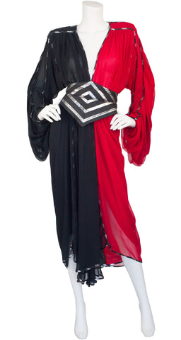 1980s Red & Back Chiffon Billowing Sleeve Evening Dress