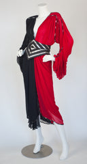 1980s Red & Back Chiffon Billowing Sleeve Evening Dress