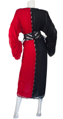 1980s Red & Back Chiffon Billowing Sleeve Evening Dress