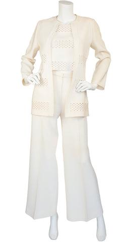 1960s Crochet Cut-Out Cream Wool Three-Piece Outfit