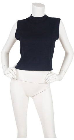 1980s Black Cage Back Cotton Knit Sleeveless Top