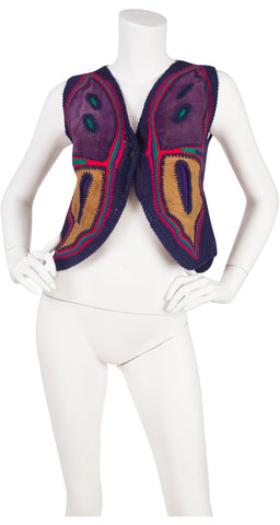 1970s Butterfly Suede & Wool Crochet Vest