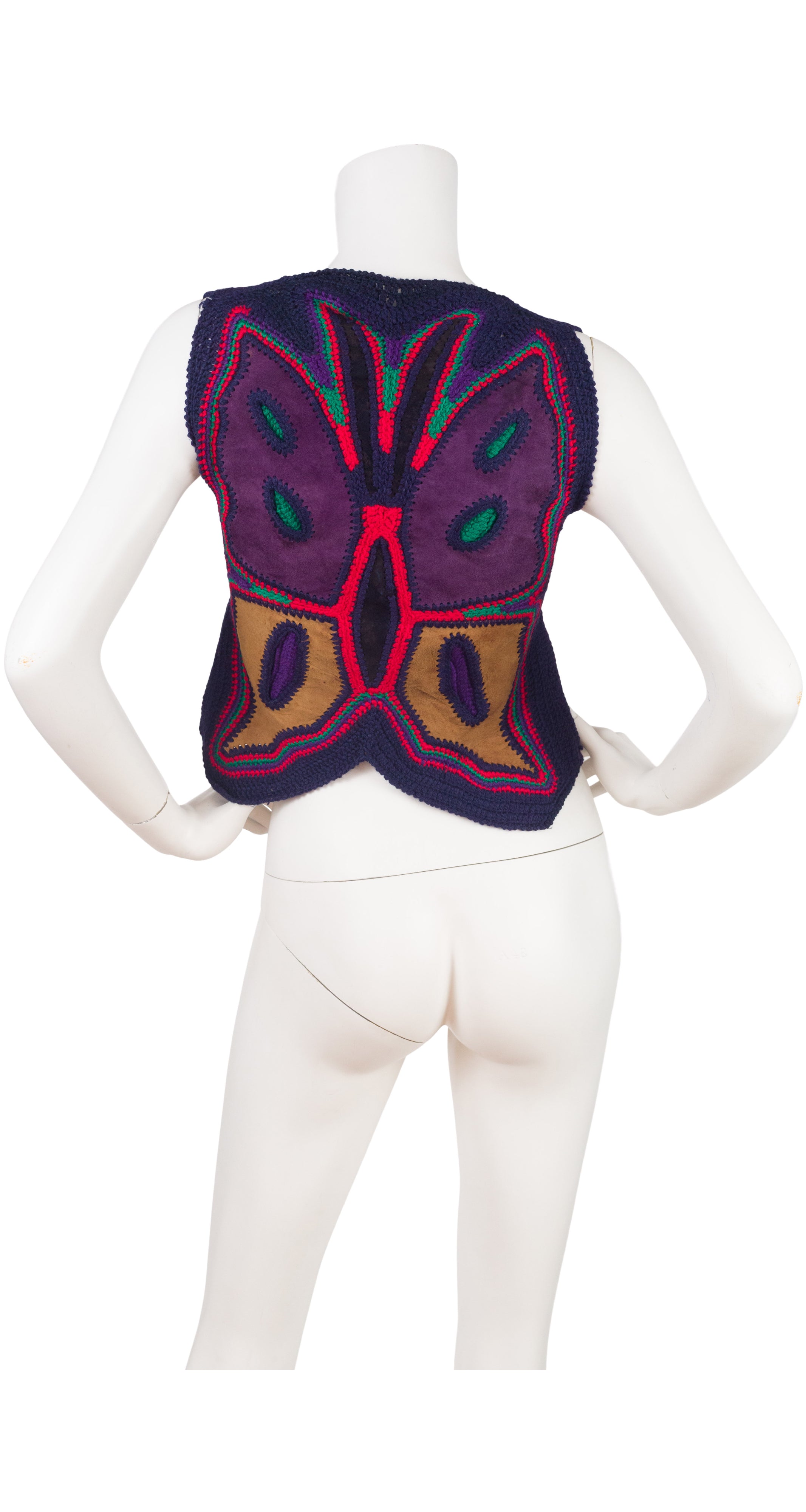 1970s Butterfly Suede & Wool Crochet Vest