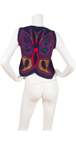 1970s Butterfly Suede & Wool Crochet Vest
