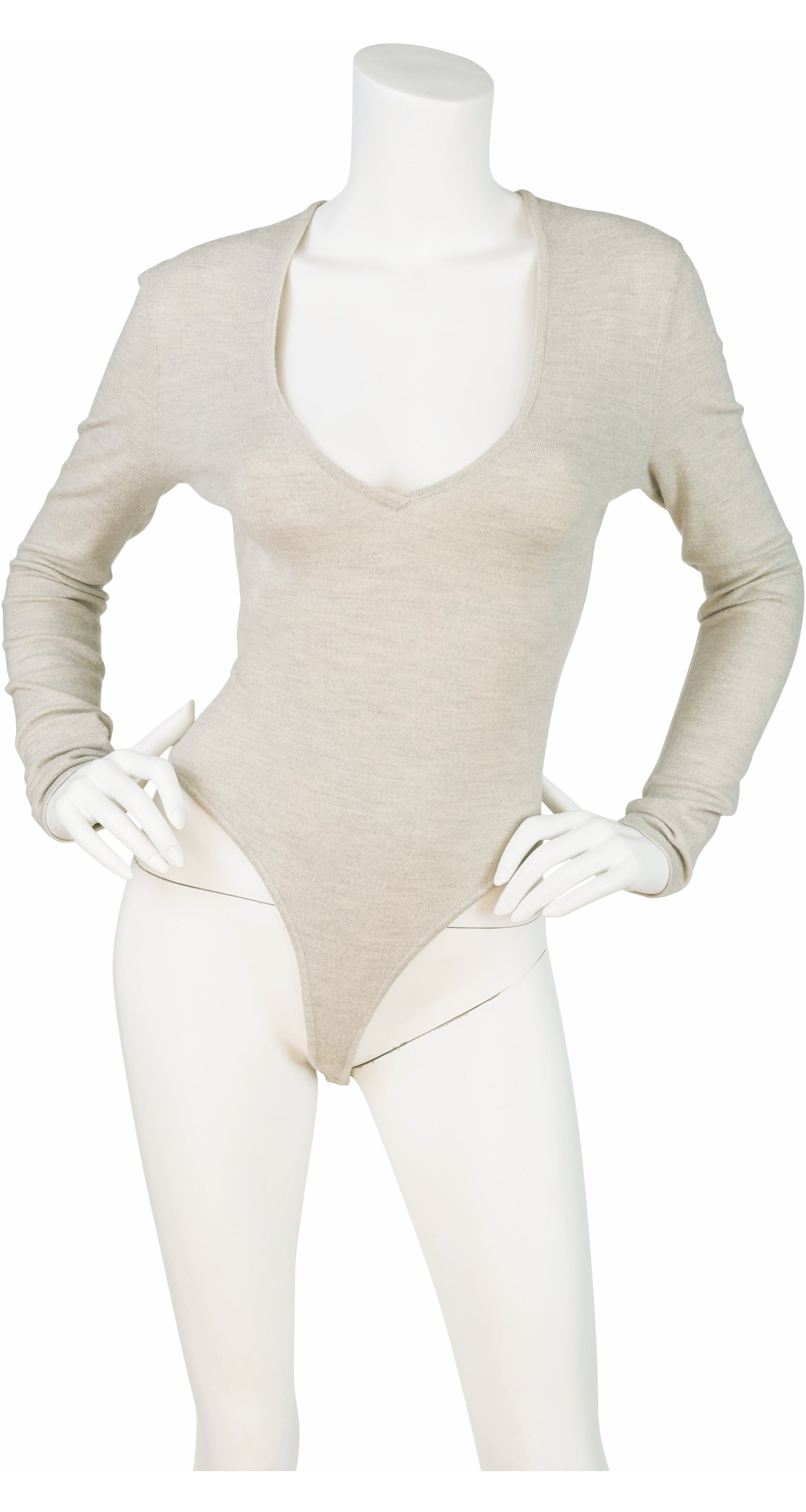 1990s Taupe Wool Jersey V-Neck Thong Bodysuit