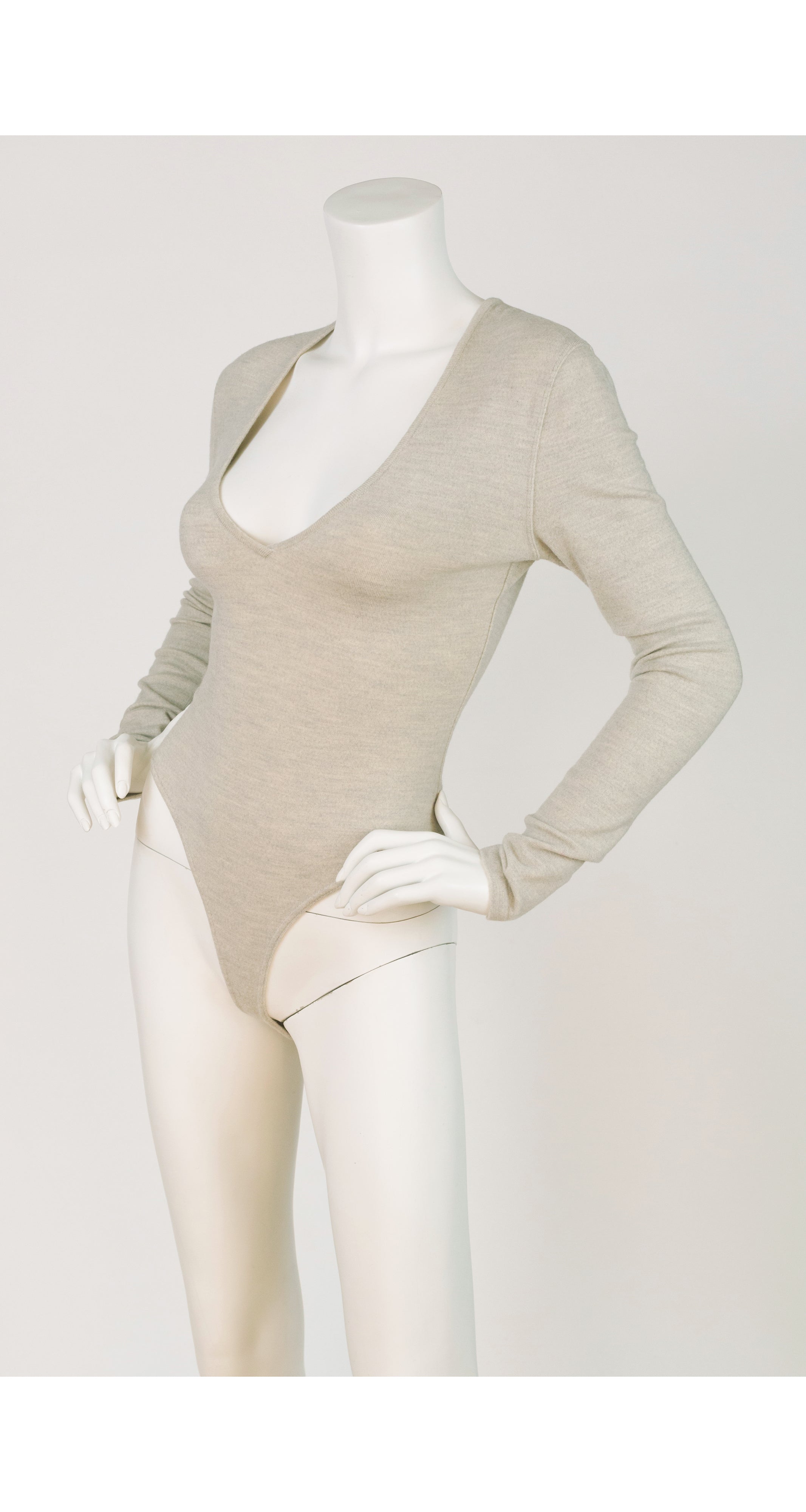 1990s Taupe Wool Jersey V-Neck Thong Bodysuit