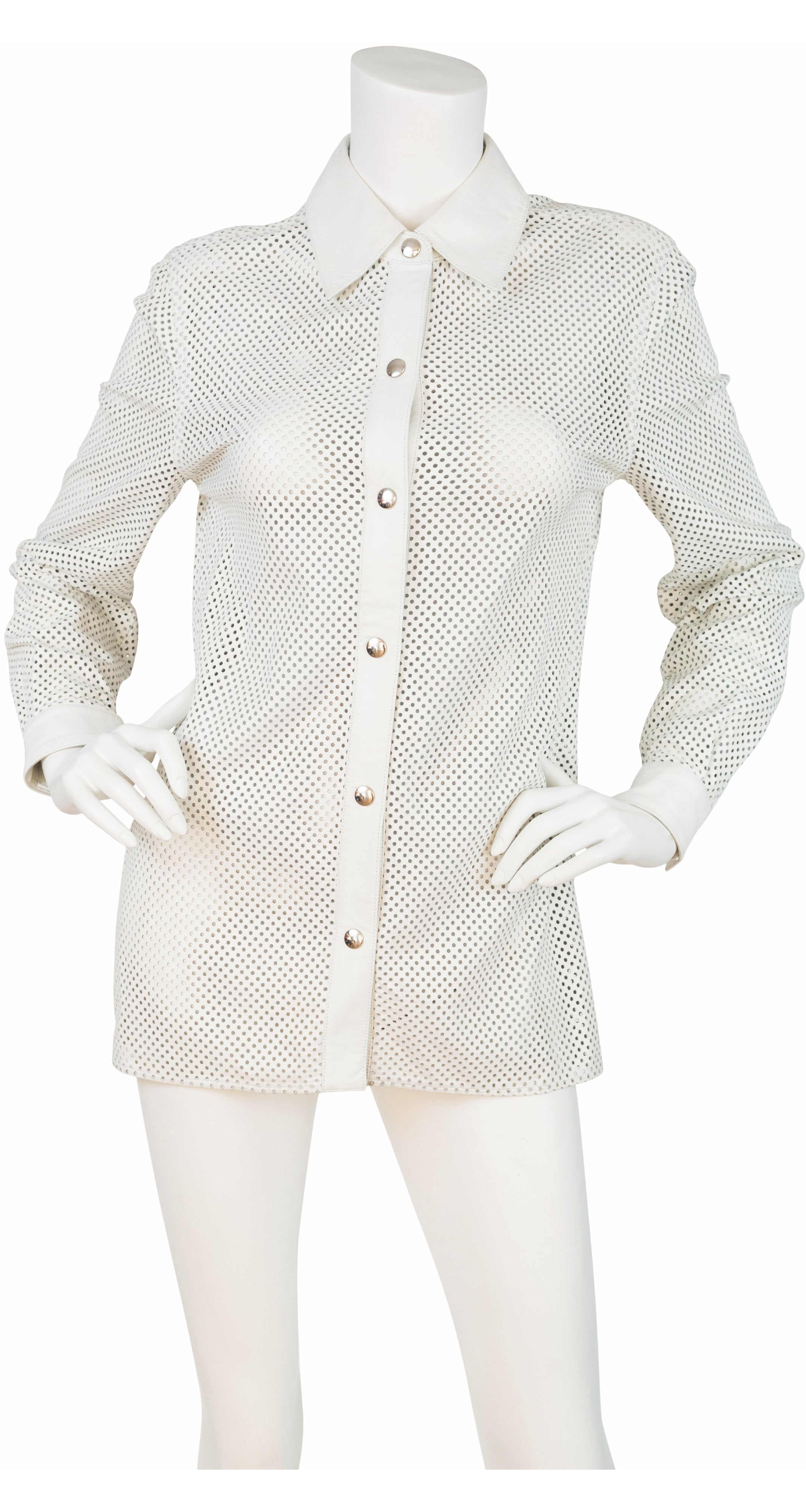 2000 S/S Runway White Perforated Leather Collared Snap Blouse