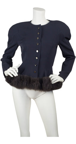 1980s Gunmetal Wool Fur Trim Peplum Jacket