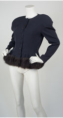1980s Gunmetal Wool Fur Trim Peplum Jacket