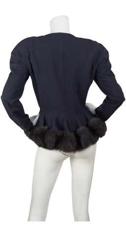 1980s Gunmetal Wool Fur Trim Peplum Jacket