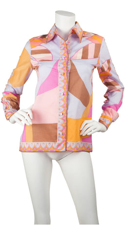1960s Geometric Floral Print Cotton Blouse