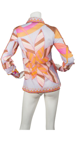 1960s Geometric Floral Print Cotton Blouse