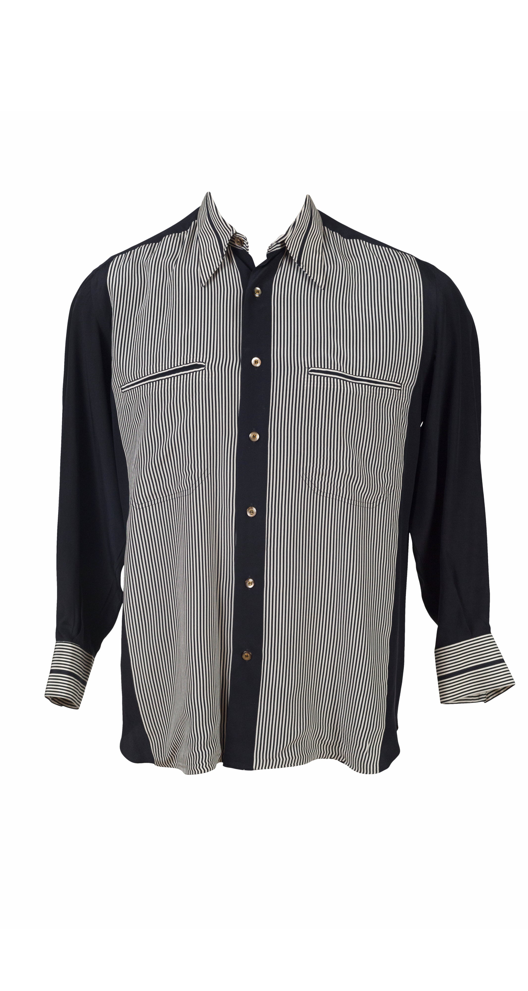 1980s Men's Black & White Striped Silk Collared Shirt