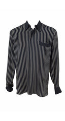 1980s Men's Black & Cream Striped Silk Collared Shirt