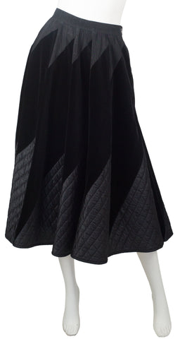 1970s Quilted Black Velvet Circle Skirt