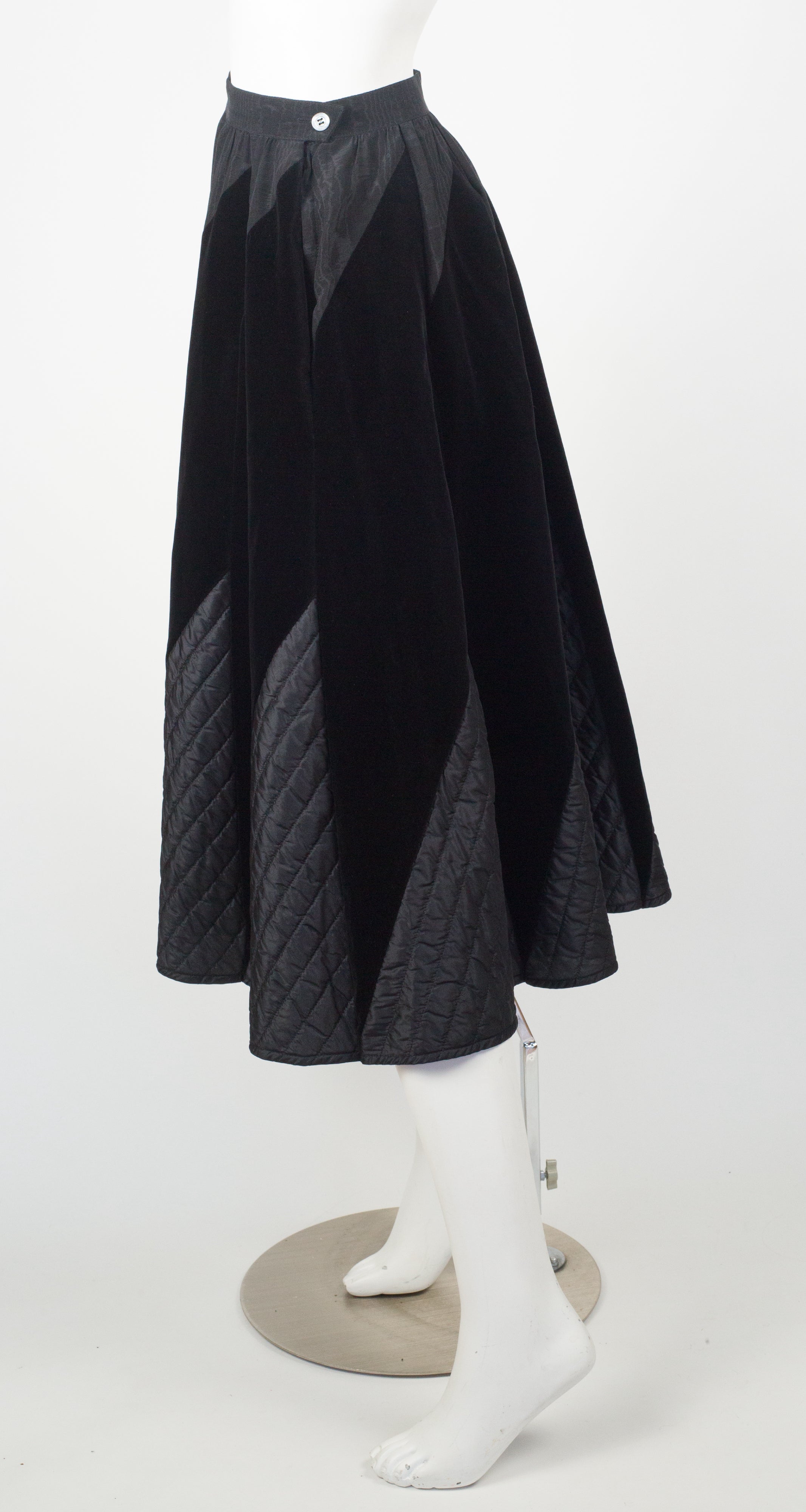 1970s Quilted Black Velvet Circle Skirt
