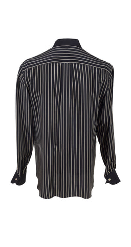 1980s Men's Black & Cream Striped Silk Collared Shirt