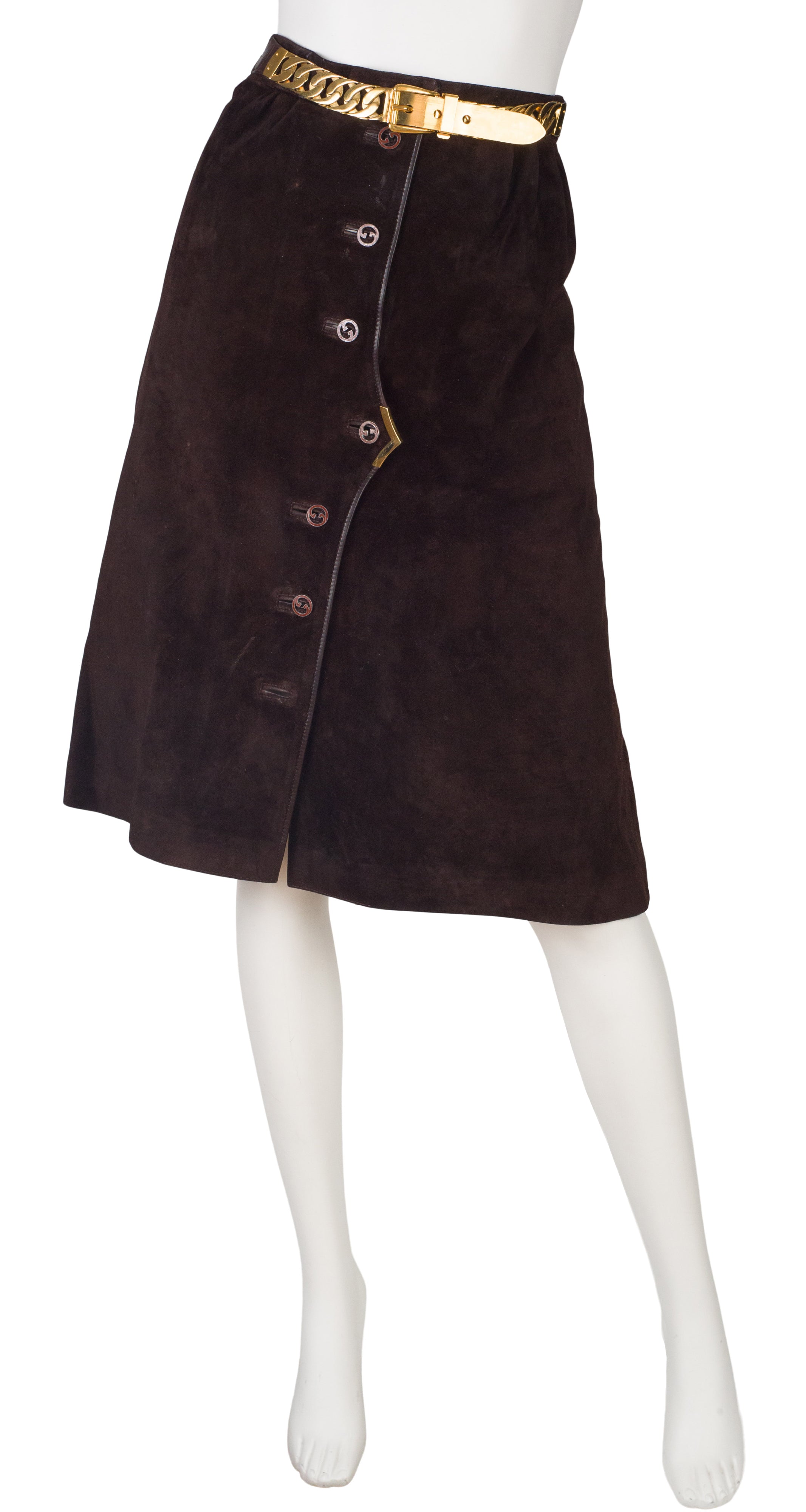 1970s "GG" Button Brown Suede A-Line Skirt