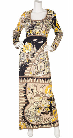 1970s Paris Novelty Print Jersey Maxi Dress