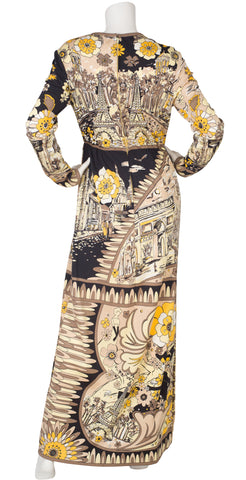 1970s Paris Novelty Print Jersey Maxi Dress