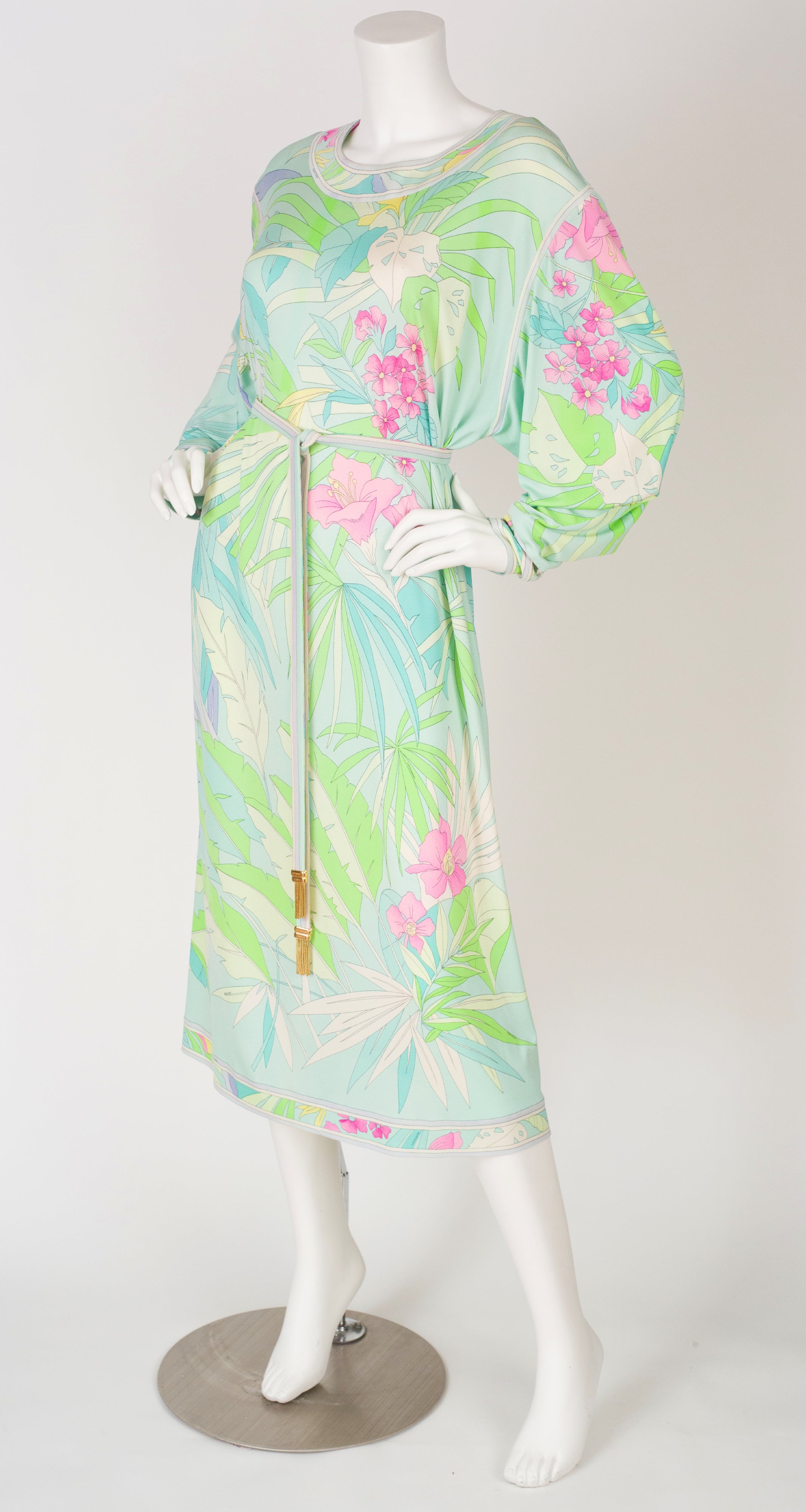 1980s Floral Silk Jersey Dolman Sleeve Dress