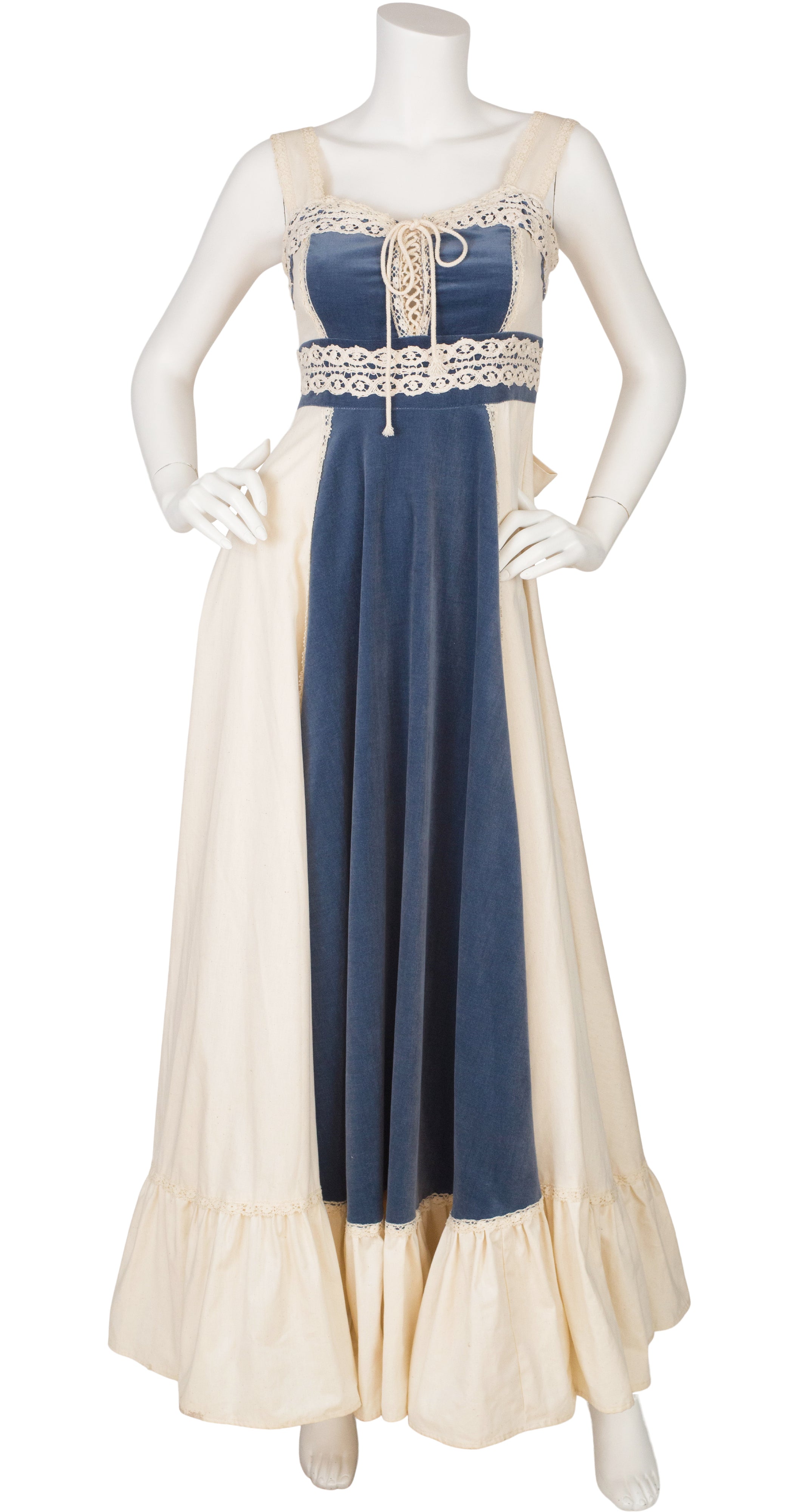 Gunne Sax 1970s Blue Velvet & Cream Cotton Corset Maxi Dress Featherstone Vintage Gunne Sax 1970s Blue Velvet & Cream Cotton Corset Maxi Dress Featherstone Vintage