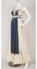 1970s Blue Velvet & Cream Cotton Corset Maxi Dress