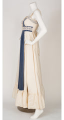 1970s Blue Velvet & Cream Cotton Corset Maxi Dress