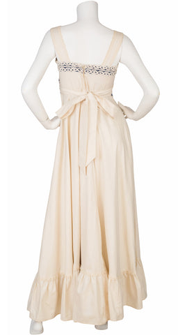 1970s Blue Velvet & Cream Cotton Corset Maxi Dress