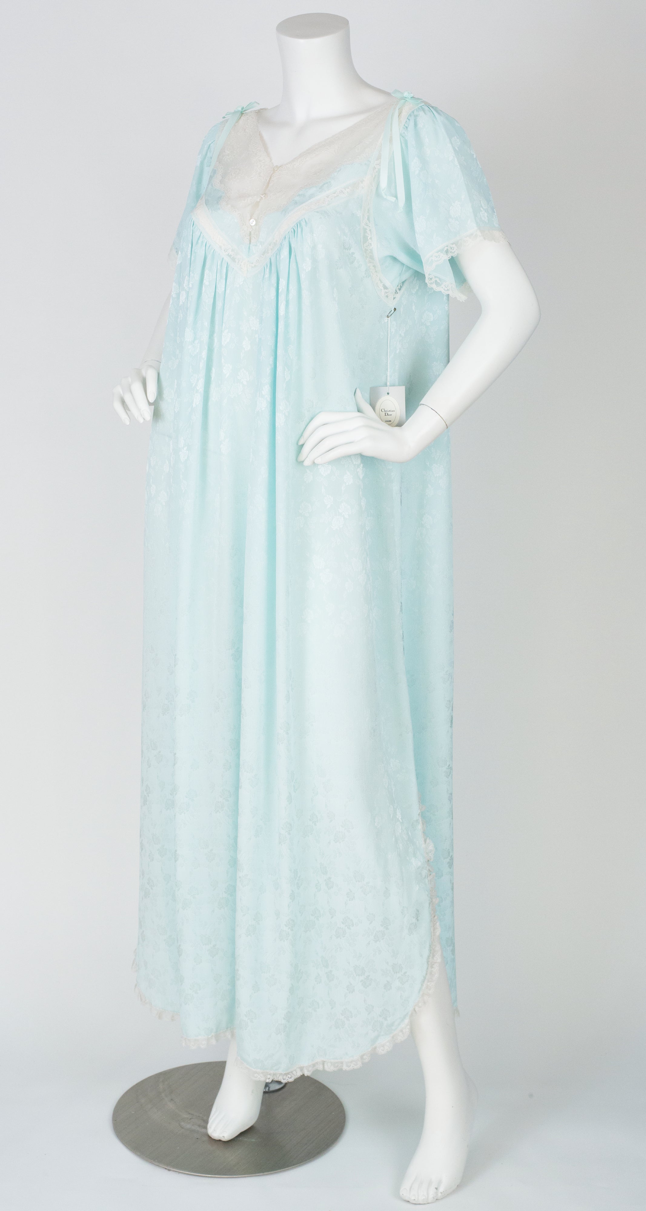 1980s NWT Lace & Aqua Floral Jacquard Nightgown