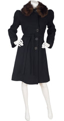 1930s Art Deco Black Wool Fur Collar Coat