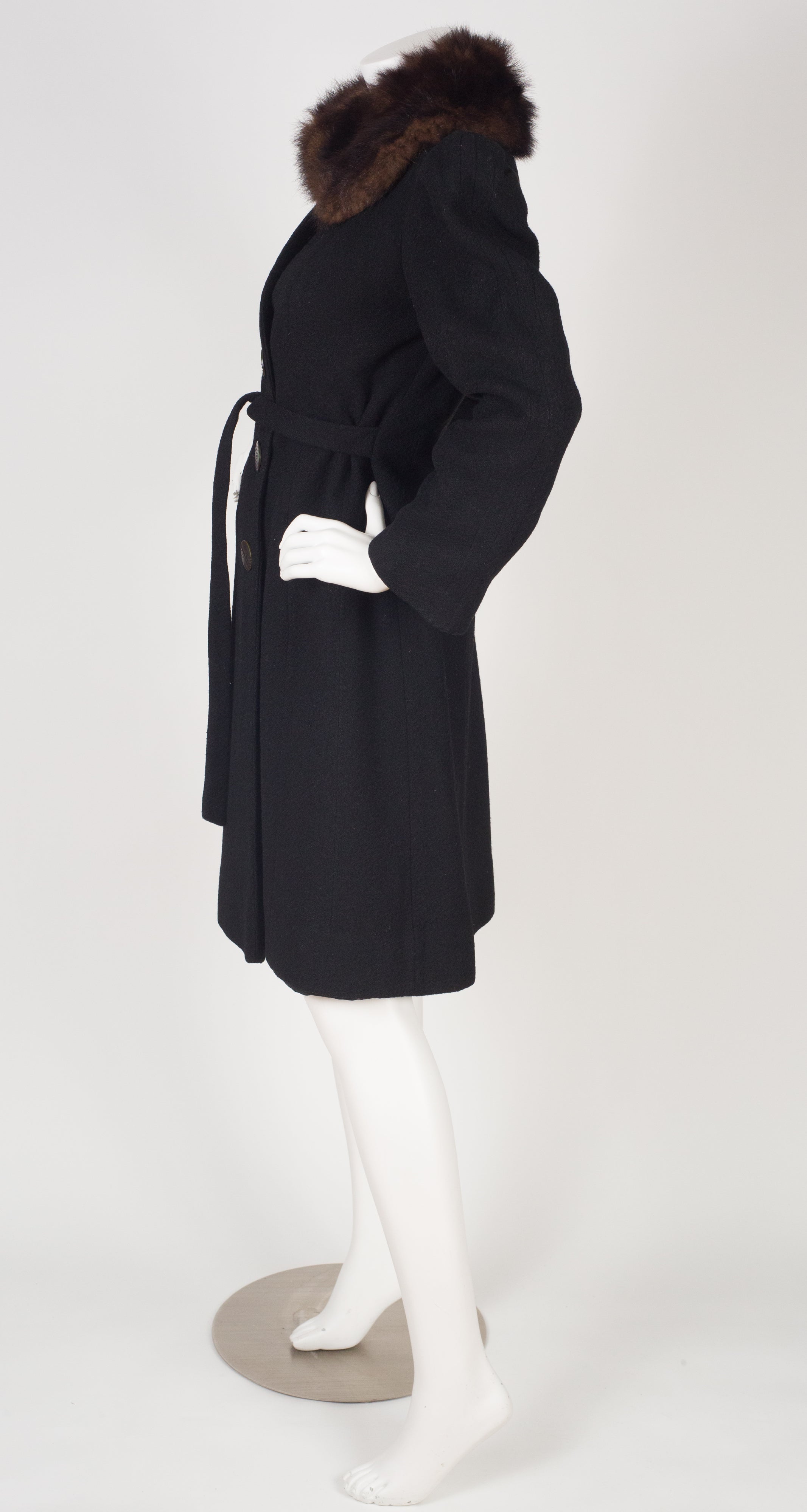 1930s Art Deco Black Wool Fur Collar Coat