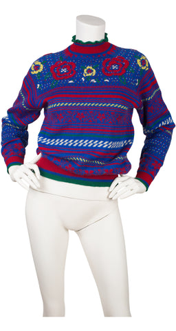 1980-81 F/W Floral Blue Wool Pullover Sweater