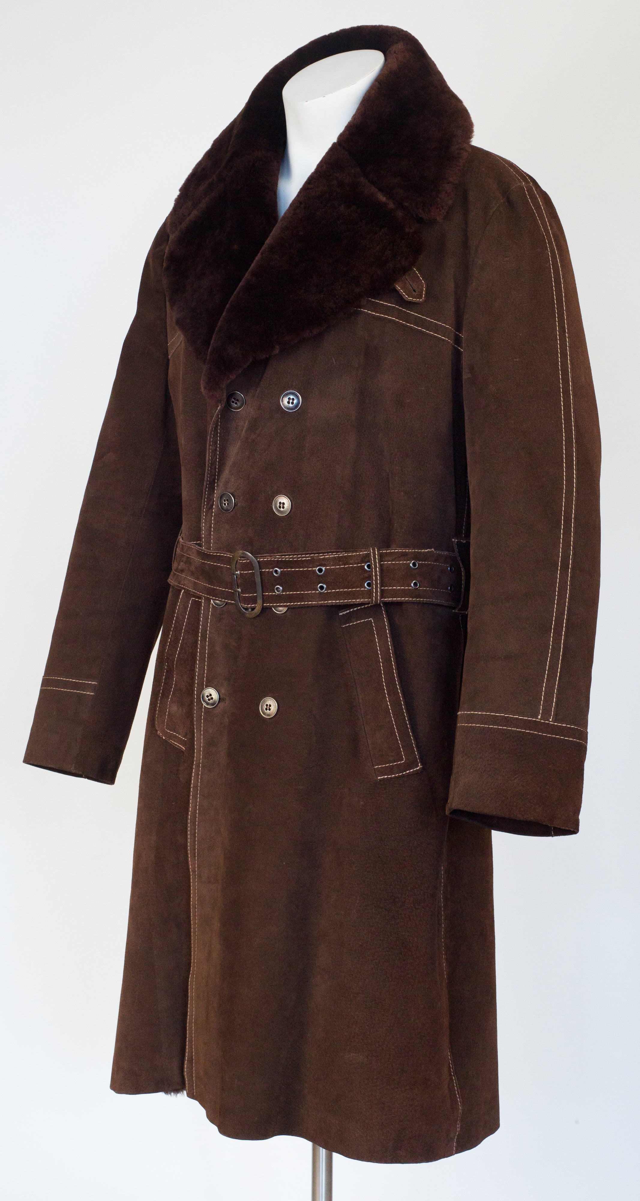 1970s Men's Brown Shearling & Suede Double-Breasted Coat