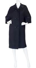 1950s Satin Trim Black Wool Coat