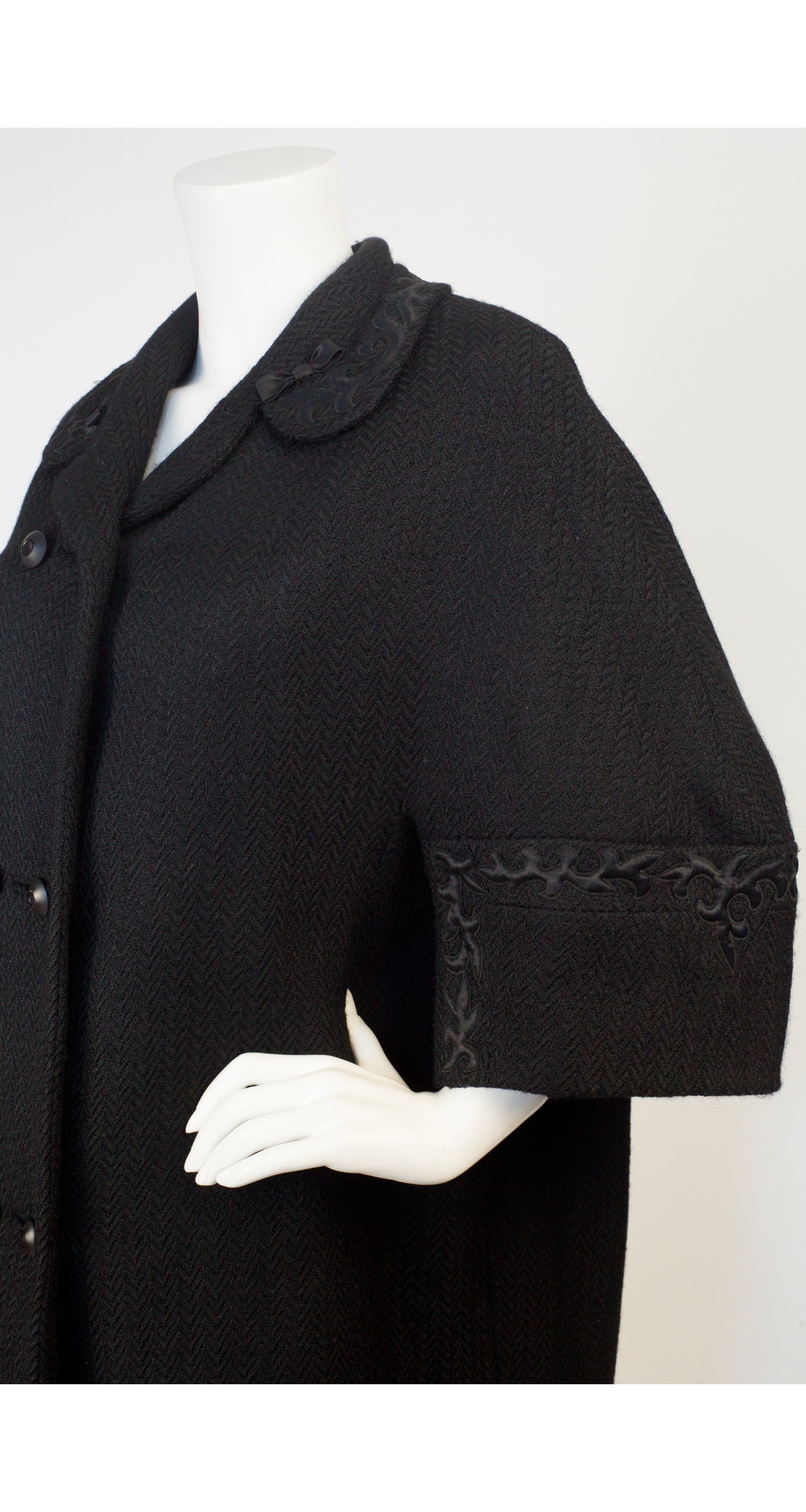1950s Satin Trim Black Wool Coat