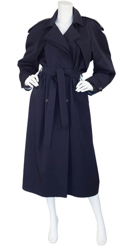 1980s Navy Blue Wool Double-Breasted Trench Coat