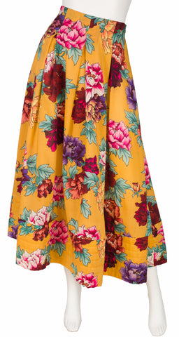 1980s Floral Wool Challis Pleated Midi Skirt