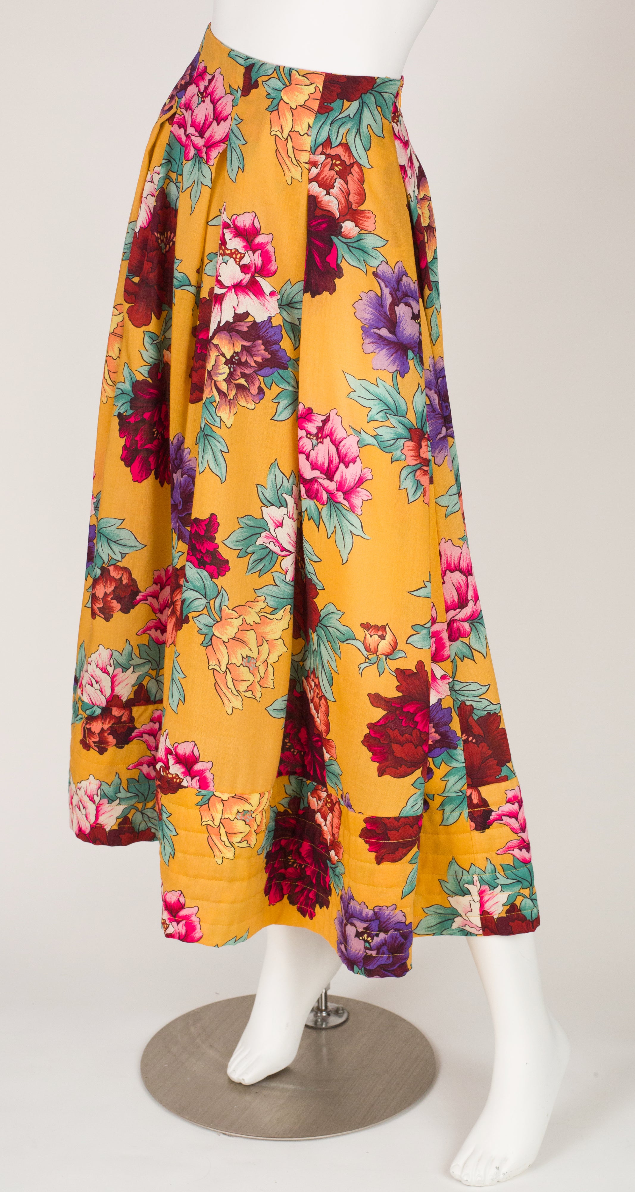 1980s Floral Wool Challis Pleated Midi Skirt