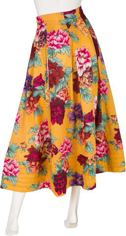 1980s Floral Wool Challis Pleated Midi Skirt