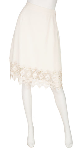 1990s Cream Crepe Lace Hem Pencil Skirt