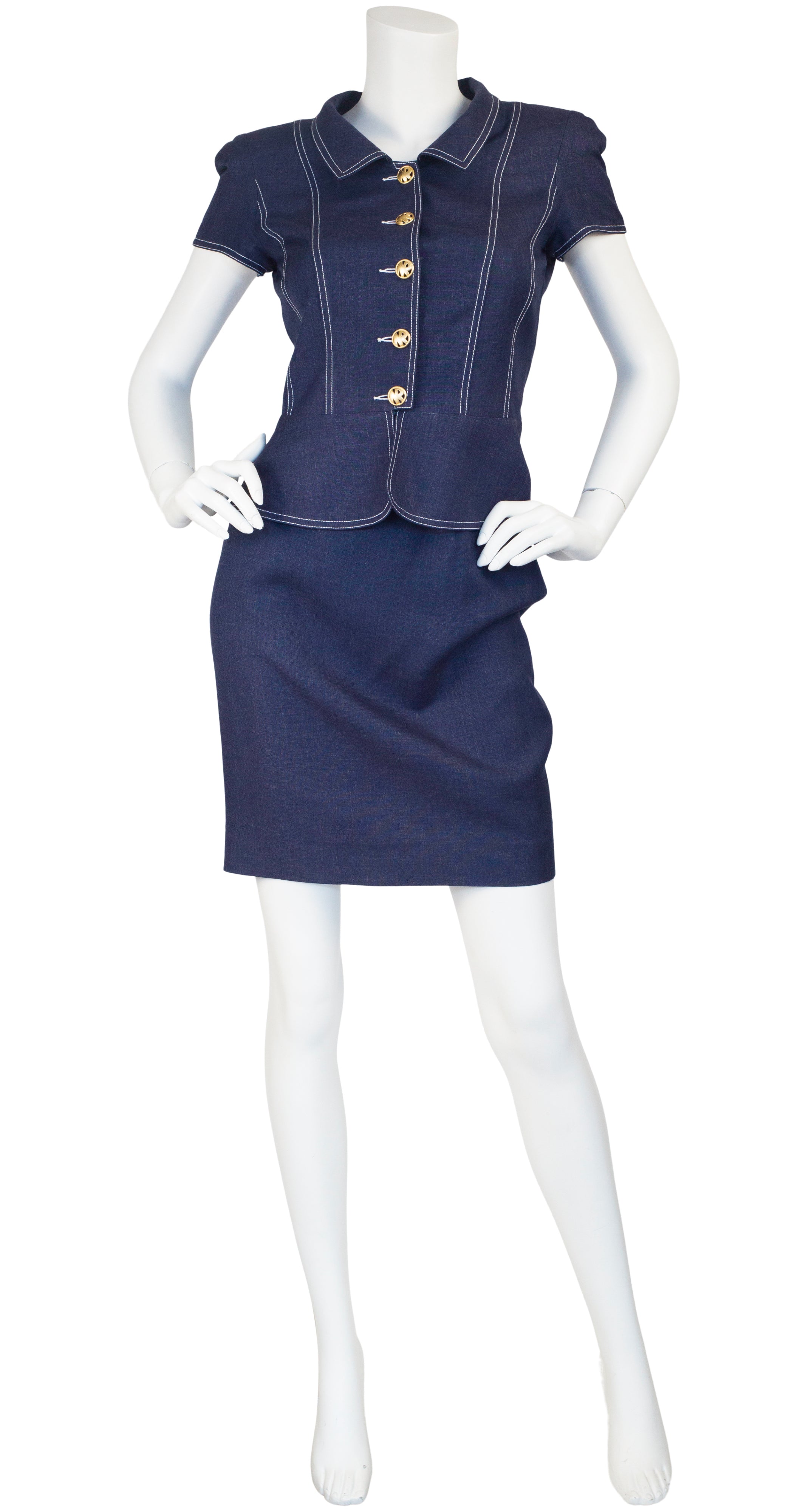 1990s Monogram Button Navy Linen Peplum Skirt Suit
