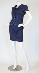 1990s Monogram Button Navy Linen Peplum Skirt Suit