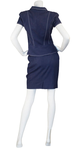 1990s Monogram Button Navy Linen Peplum Skirt Suit