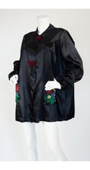 1930s Embroidered Black Satin Rayon Bed Jacket