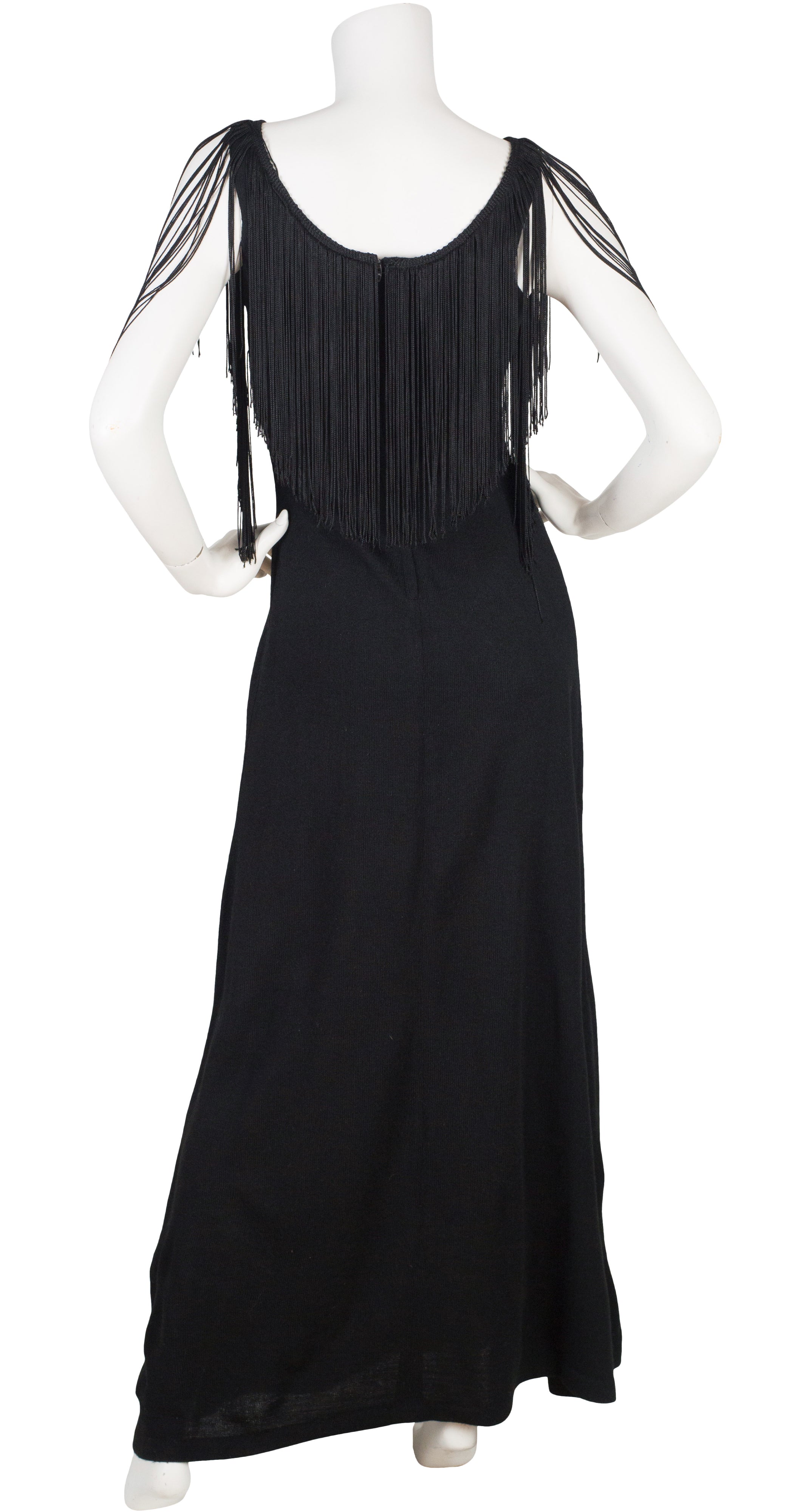 1970s Fringe Black Knit Evening Maxi Dress