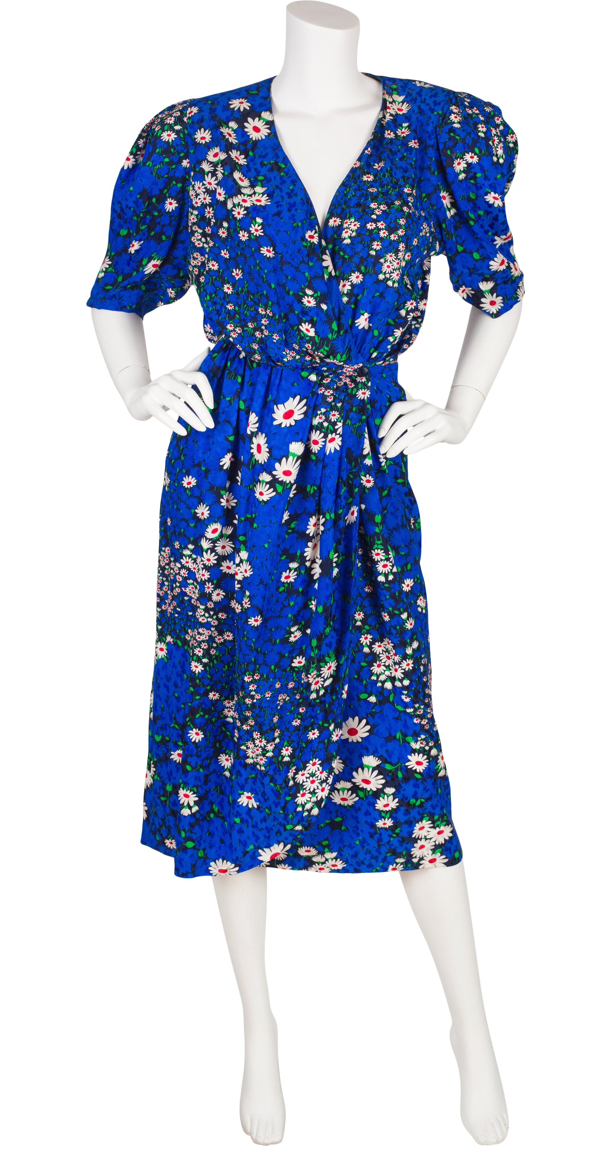 1980s Daisy Print Jacquard Silk Puff Sleeve Dress